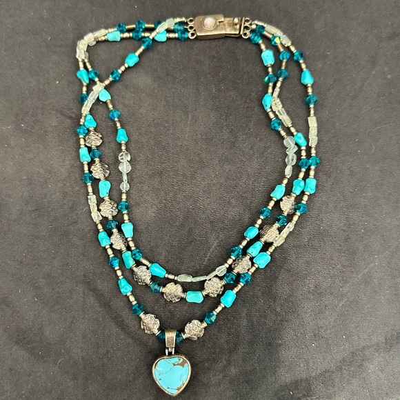 Reversible Heart Pendant Layered Turquoise & Sterling Silver Beaded Necklace - Picture 8 of 9